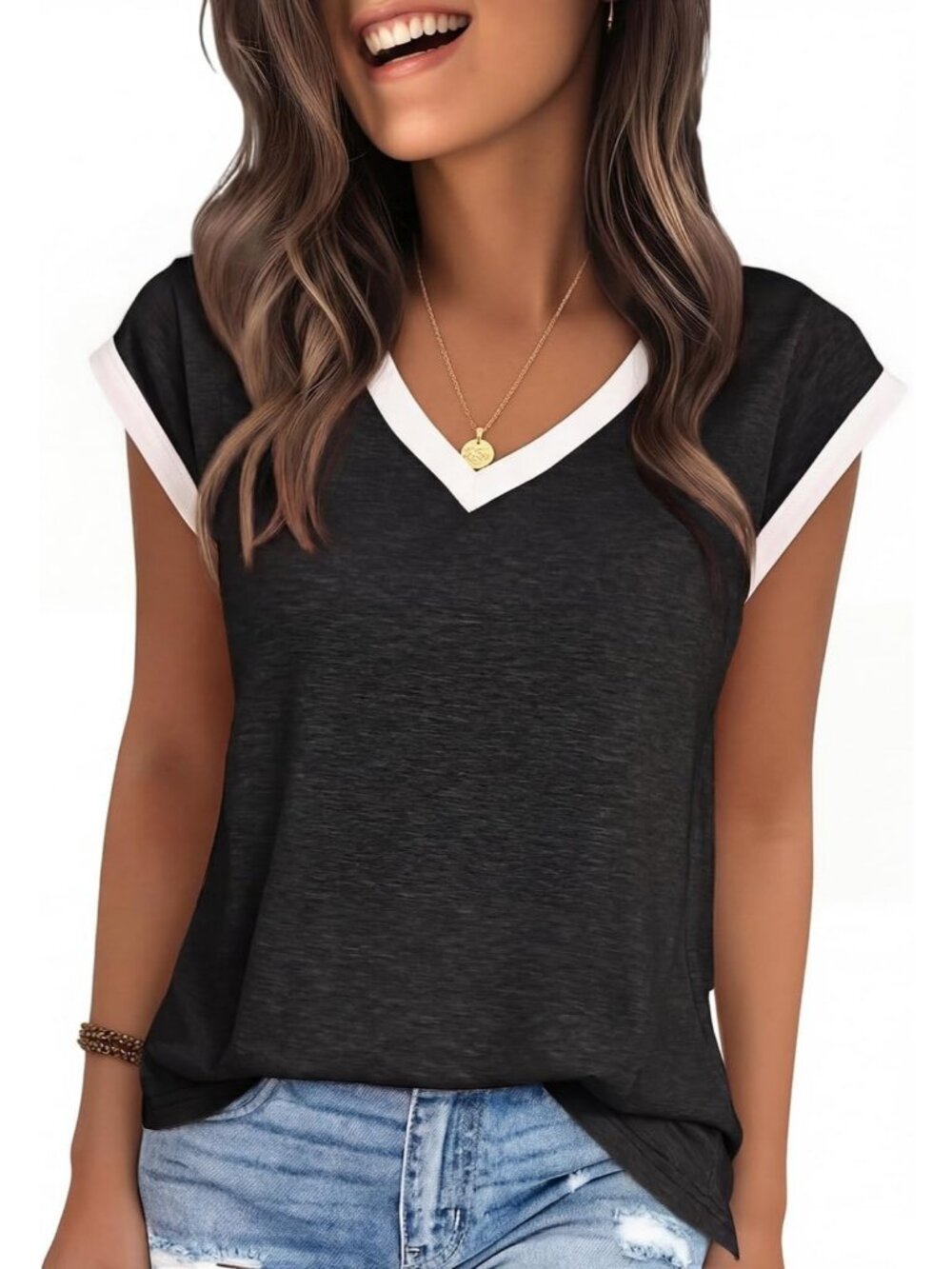 Women Black Cap Sleeve T Shirt V Neck Cute Trendy Casual Summer Comfortable Top